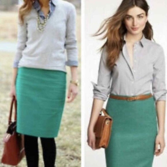 J CREW The Pencil Skirt Green Lined Straight Wool Blend Classic Skirt Sz 8